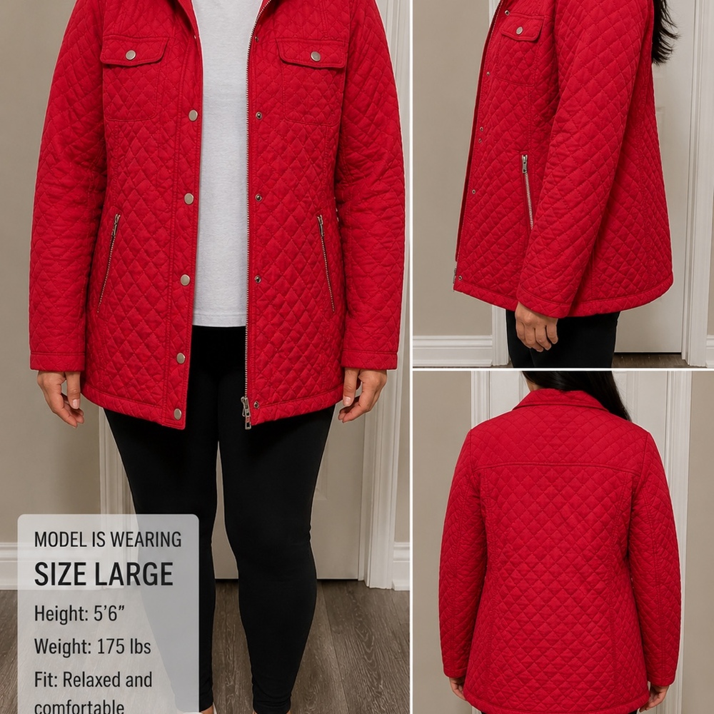 London Retro Red Quilted Jacket | Size Large | Lightweight Snap & Zip Coat